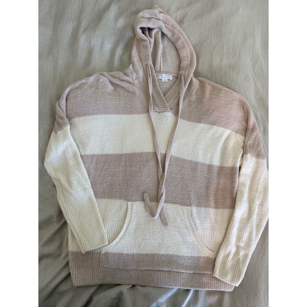 Barefoot Dreams Bamboo Chic Lite Striped Hoodie L/XL Beige Cream Soft Cozy